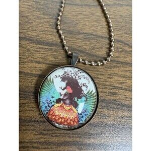 Black Fairy Silhouette Pendant Necklace – Glass Dome Art Cabochon – Boho Gothic